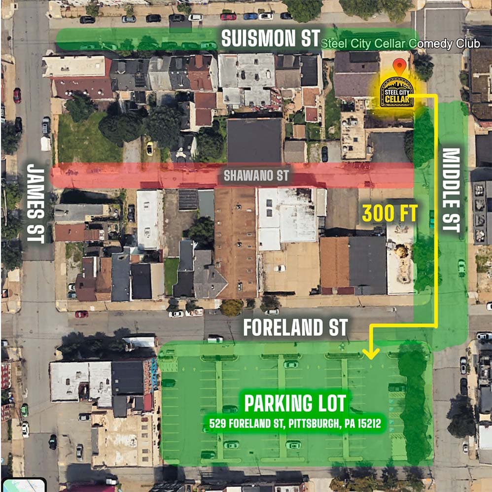 Aerial map of the North Side. Steel City Cellar sits on Suismon St; the parking lot at 529 Foreland St is 300 feet away, down Middle St.