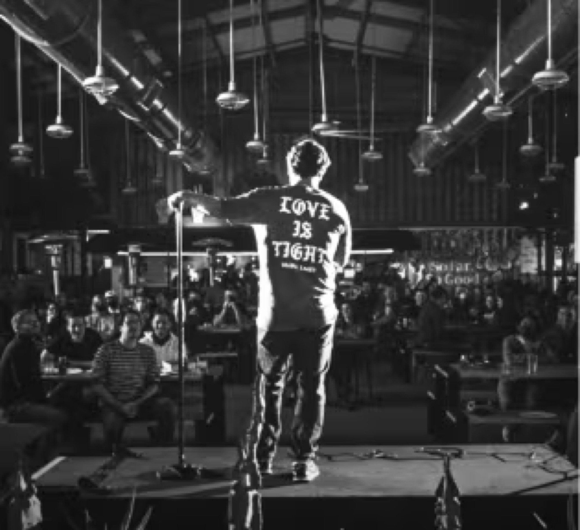 A comic seen from behind facing a packed room.